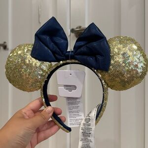 NWT Disney Parks 50th Anniversary Minnie Mouse Gold Ears With Blue Bow Headband